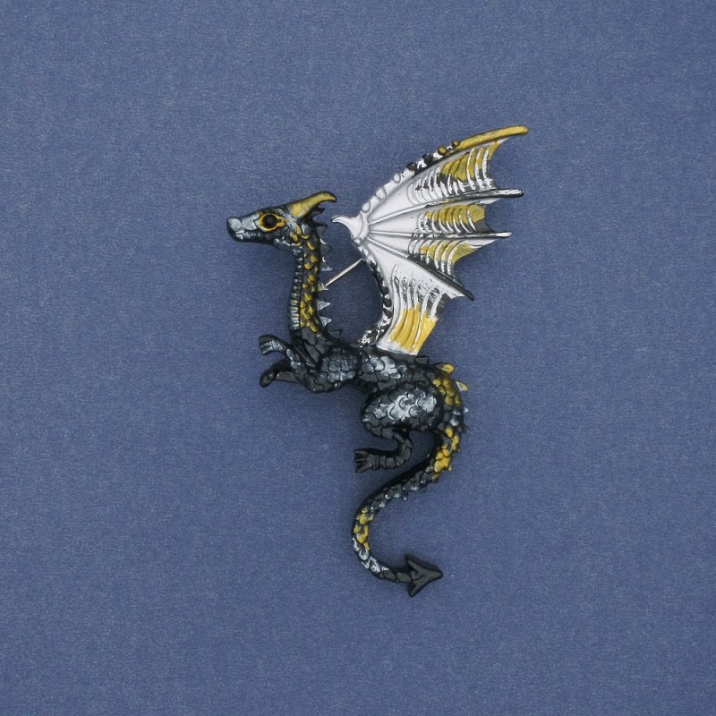 Dragon Brooch in matte gray with yellow and white enamel on silver metal, 42×66 mm