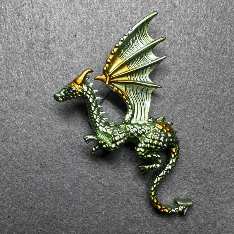 Dragon Brooch Olive-Green and Yellow Enamel, Silver-Toned Metal 42×66 mm