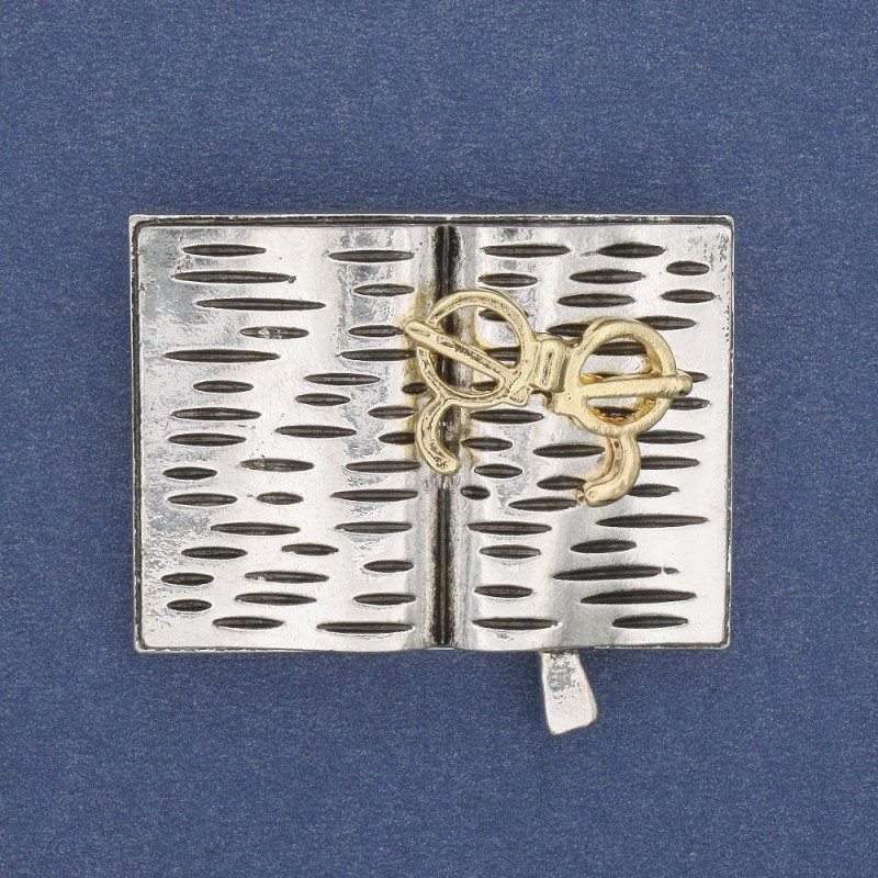 Brooch 'Book with Glasses' gray and gold enamel, silver-colored metal 35x26mm
