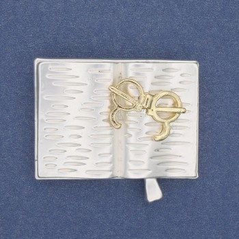 Brooch 'Book with Glasses' light gray enamel and golden enamel, silver metal 35x26mm