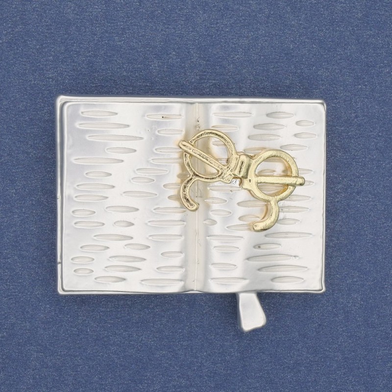 Brooch 'Book with Glasses' light gray enamel and golden enamel, silver metal 35x26mm
