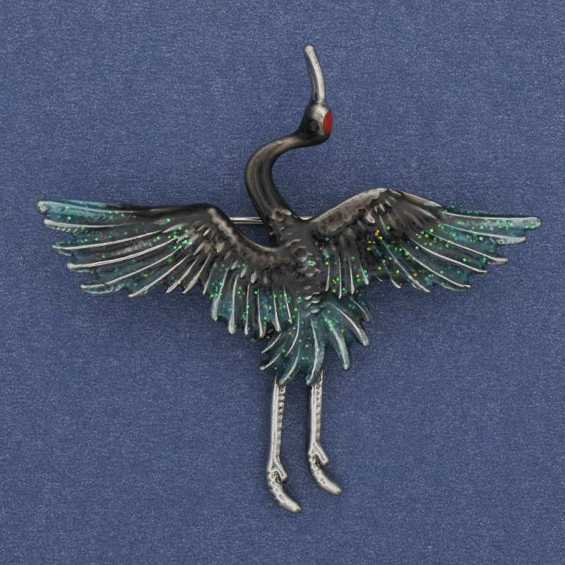 Crane Brooch with Black and Green Enamel, Silver-Toned Metal 47x45 mm