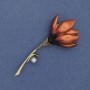 Magnolia Flower Brooch, red enamel, black crystals, gray bead, gold-tone metal 29×65 mm