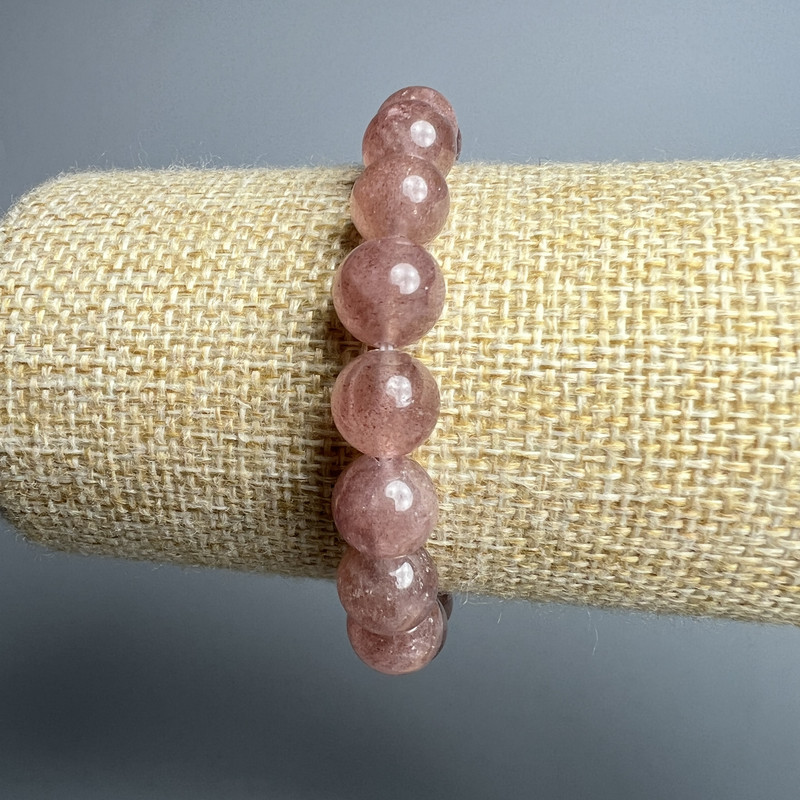 Bracelet with Strawberry Quartz natural stone smooth beads, diameter 8.5 mm, length 18 cm ± (stretch)