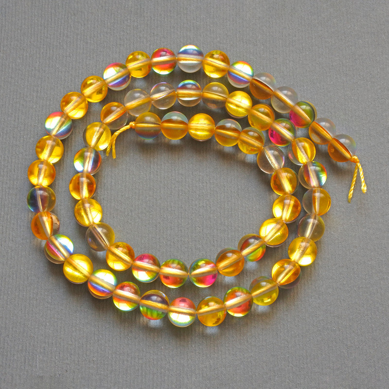 Opal glass beads, Yellow Chameleon, smooth round beads, diameter 6.5 mm ±, length 38 cm ± on thread