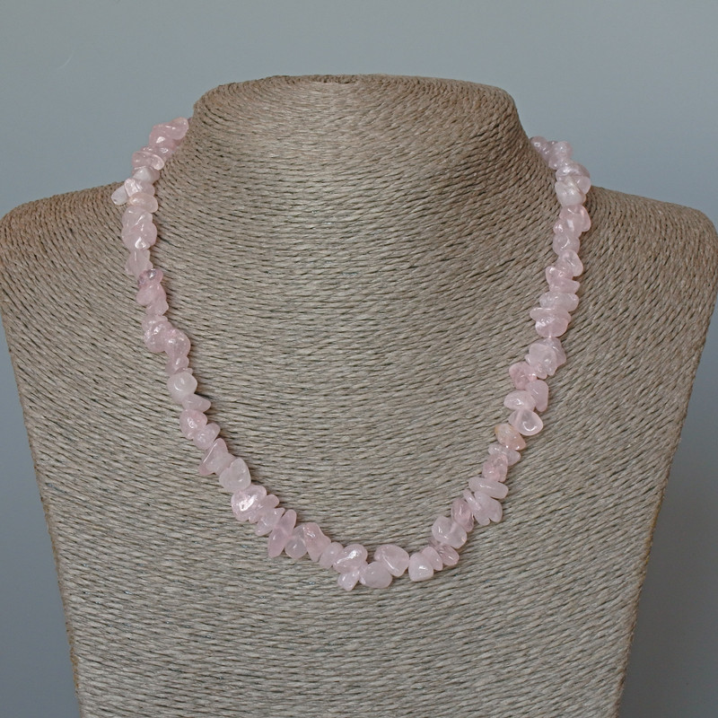 Necklace of Pink Quartz natural stone nugget, 9x4 mm diameter, length 45 cm ±, with a 5 cm extender chain