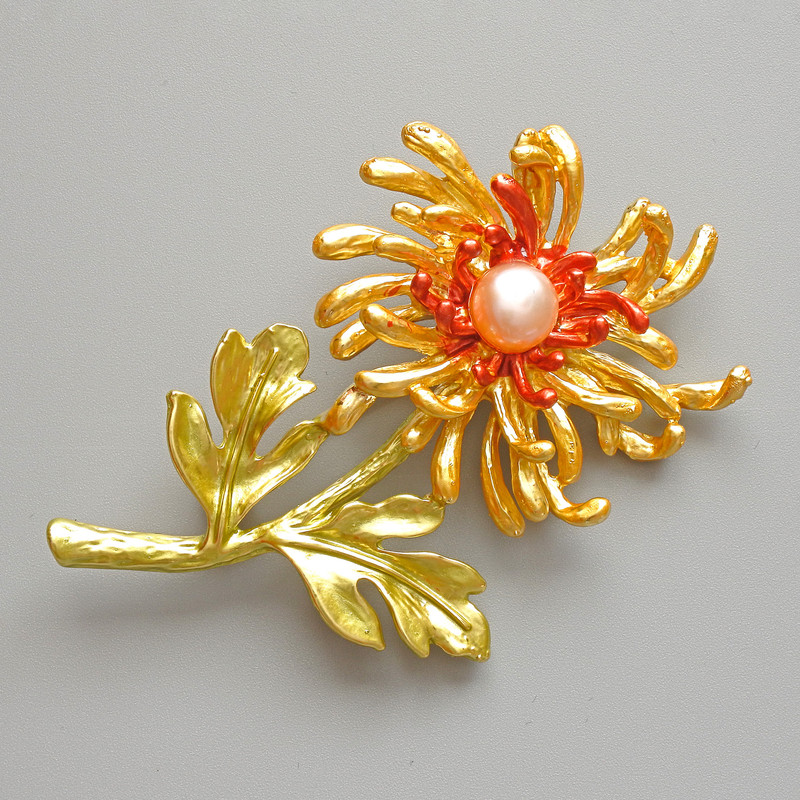 Brooch Pendant Chrysanthemum Flower Yellow and Red Matte Enamel, White Bead, Gold-Tone Metal 40x61mm