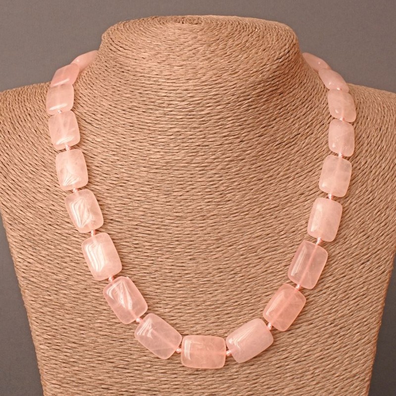 Rose Quartz Necklace, Rectangular Natural Stone Beads, 13x18 mm, Length 48 cm