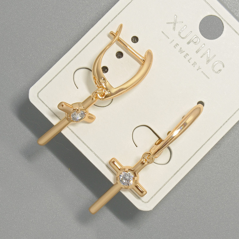 Earrings 'Cross' Xuping with a White Crystal, dimensions 11.5×21 mm, length 37.5 mm, 18K gold plated