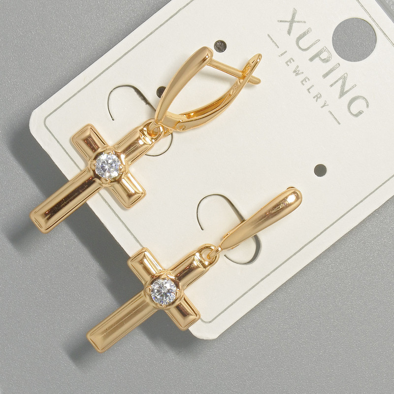 Earrings 'Cross' Xuping with white crystal, diameter 13×22 mm, length 34.5 mm, 18K gold plating