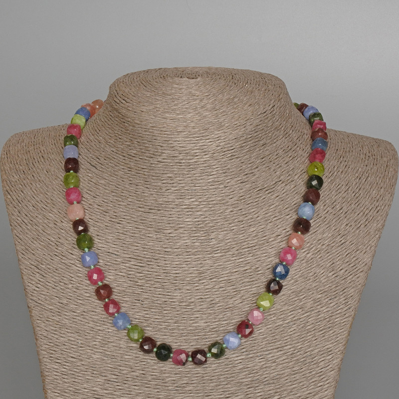 Assorted Natural Stone Beaded Necklace with Faceted Cube Beads, 7 mm Diameter, 48 cm Length