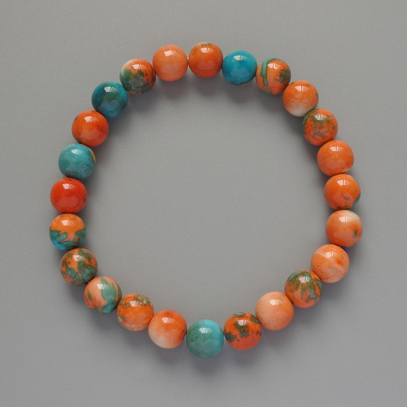 Bracelet 'Variscite' (acrylic) orange, blue, and white colors, smooth beads, 8.5 mm diameter, 18 cm length +/- (stretch)