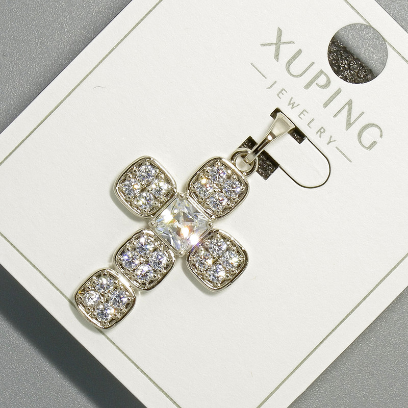 Pendant "Cross" Xuping with white crystal and rhinestones, diameter 18×24 mm, length 32 mm, rhodium-plated