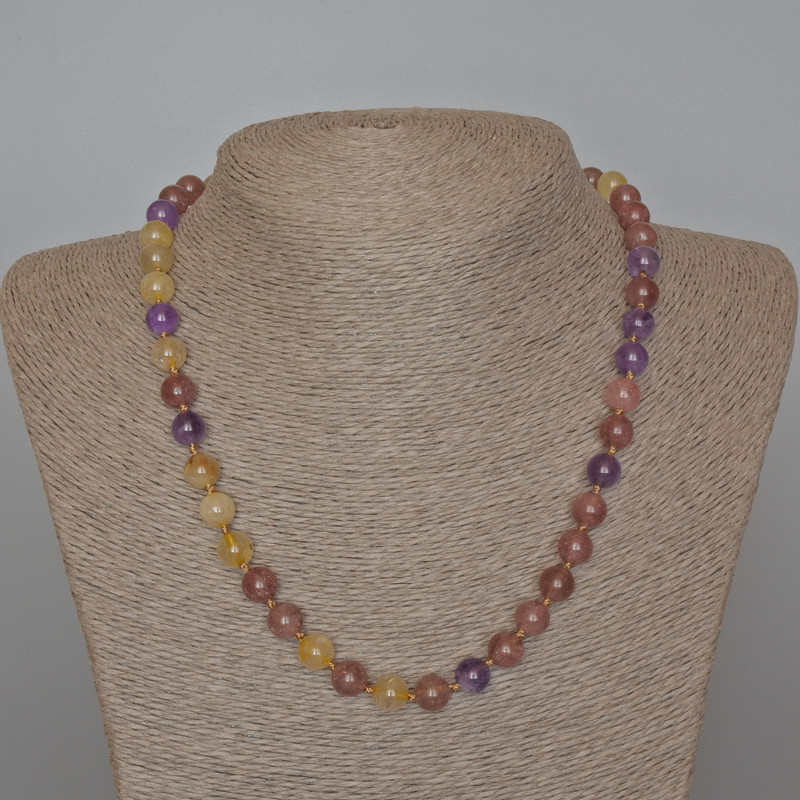 Assorted natural stone necklace with smooth beads, 8.5 mm diameter, 48 cm length