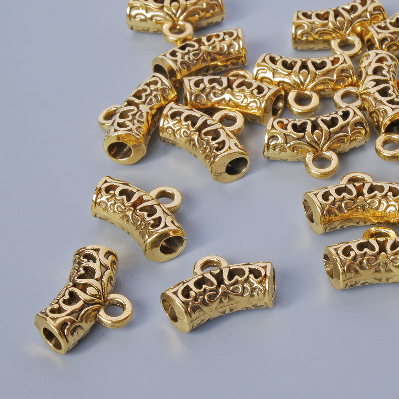 Gold-tone bail holder, diameter 13.5x5 mm, hole diameter 2 mm, 2.7 mm, length 9 mm, packaging 19 pcs ± 20 g ± gold-tone metal color