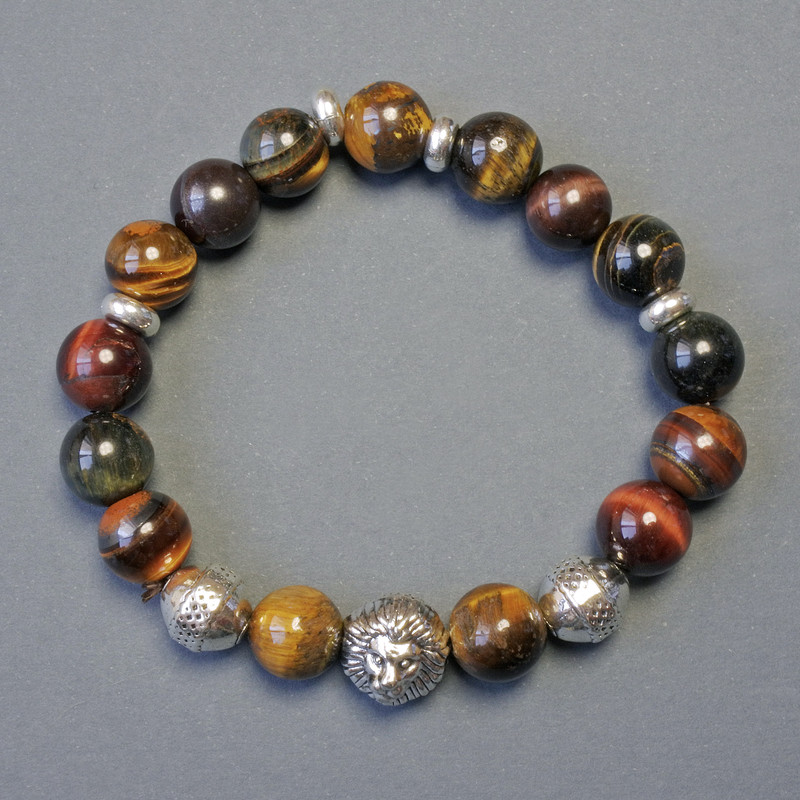 Bracelet with Bull's Eye, Tiger's Eye, and Hawk's Eye — Smooth Beads, 10 mm Diameter, 18 cm Stretch