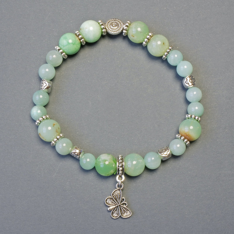 Bracelet with Chrysoprase and Jadeite (Synthetic) — smooth beads, diameter ~9 mm; Jadeite beads, diameter 6 mm+, length 18 cm; stretch
