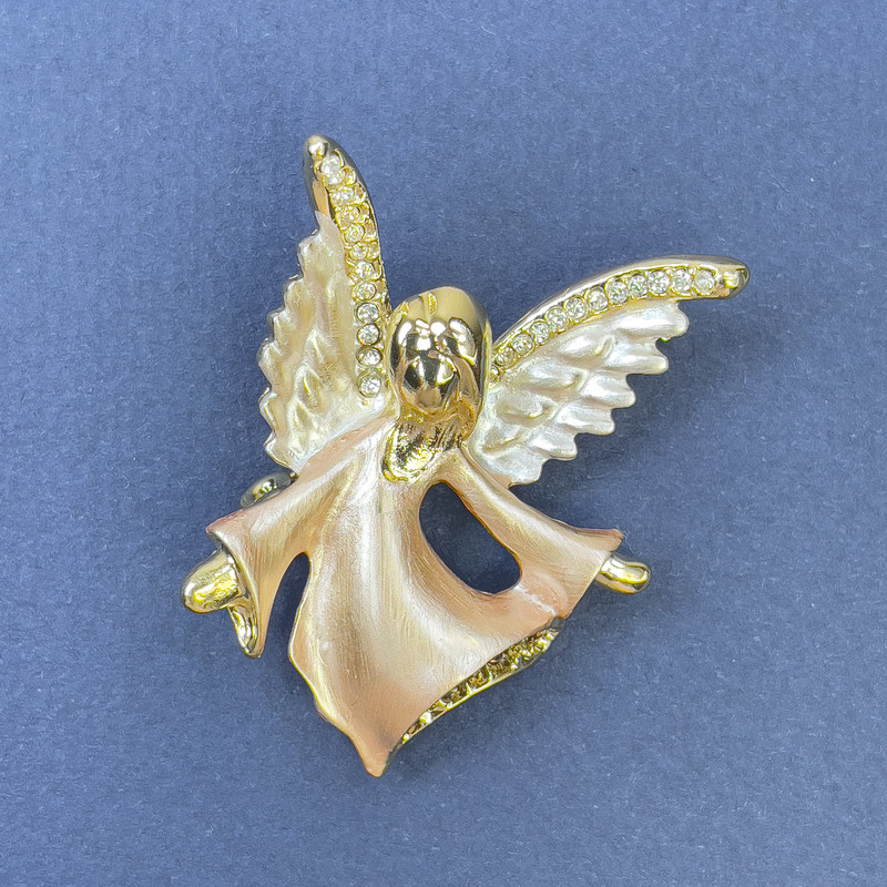 Angel Brooch with White and Yellow Rhinestones, Beige and White Color, Gold-Tone Metal, 31×43 mm