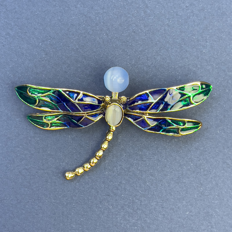 Brooch Babka blue and gray Cat's Eye enamel gold-tone metal, diameter 61mm+-, length 40mm+-
