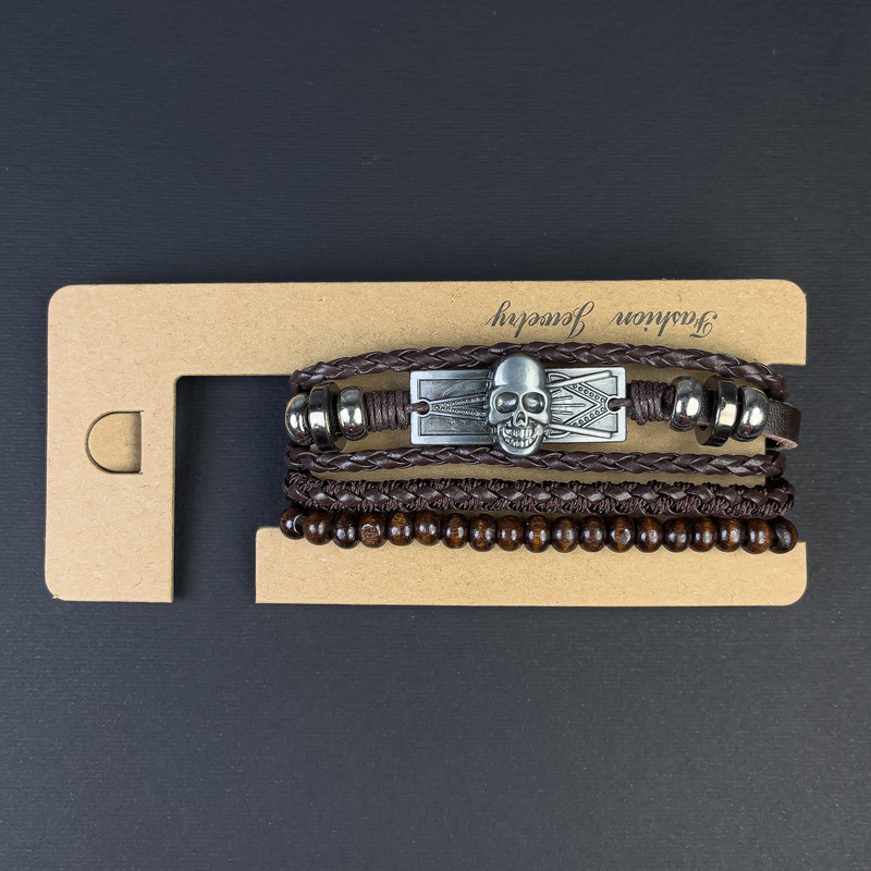 Triple Eco-Leather Bracelet with Skull Inlay on Adjustable Closure, 18-24 cm, Brown