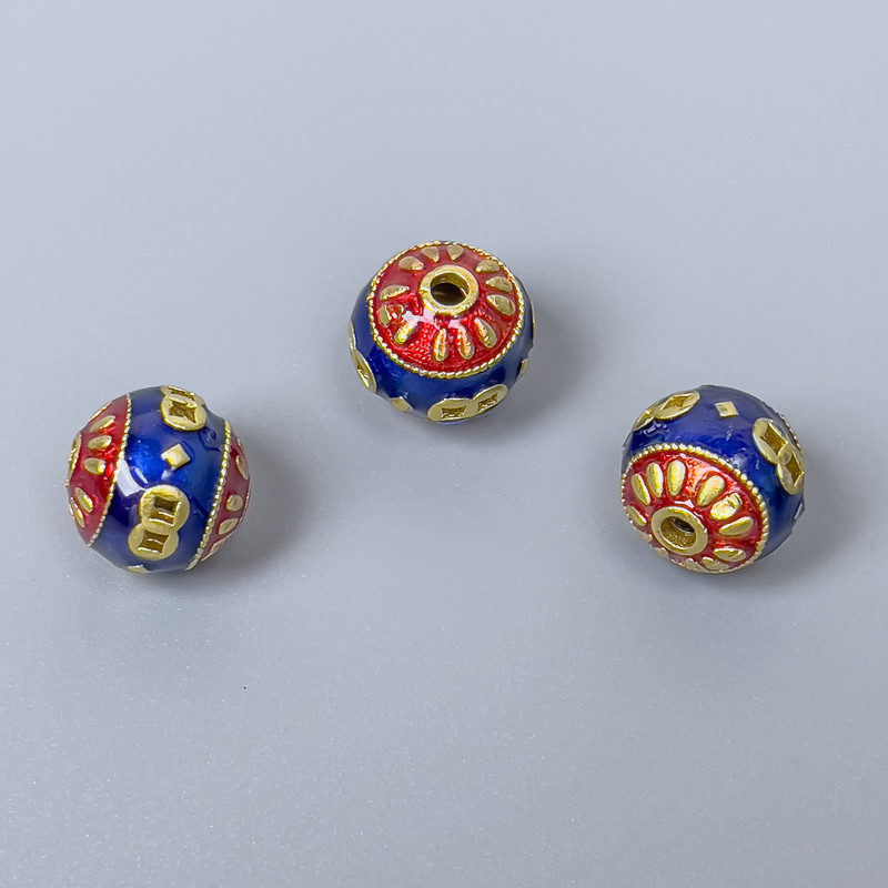 Cloisonné bead with blue and red enamel, 10 mm diameter, 2 mm hole, gold-tone metal color, 1 pc