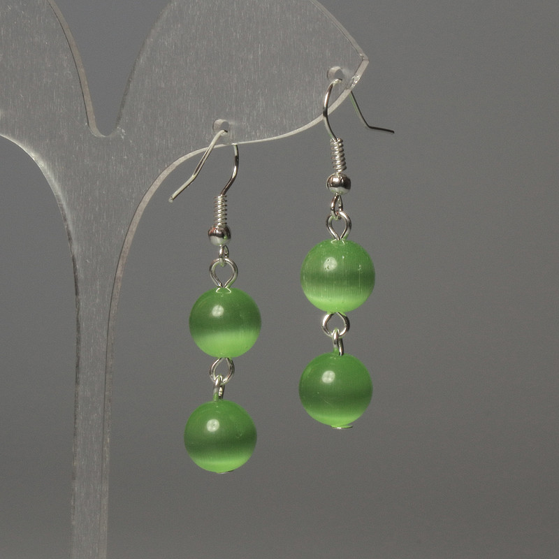 Cat's Eye Bead Earrings, 10 mm ± Green, Length ~42 mm