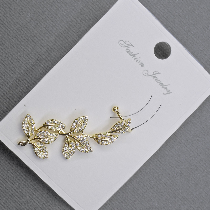 Cafe-style earring for the earlobe, gold-tone metal, 14×38 mm, ± white crystals