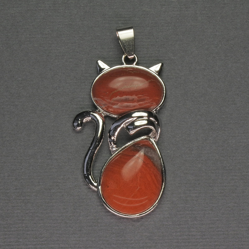 Cat Pendant, Red Jasper, 25×51 mm, silver-toned metal