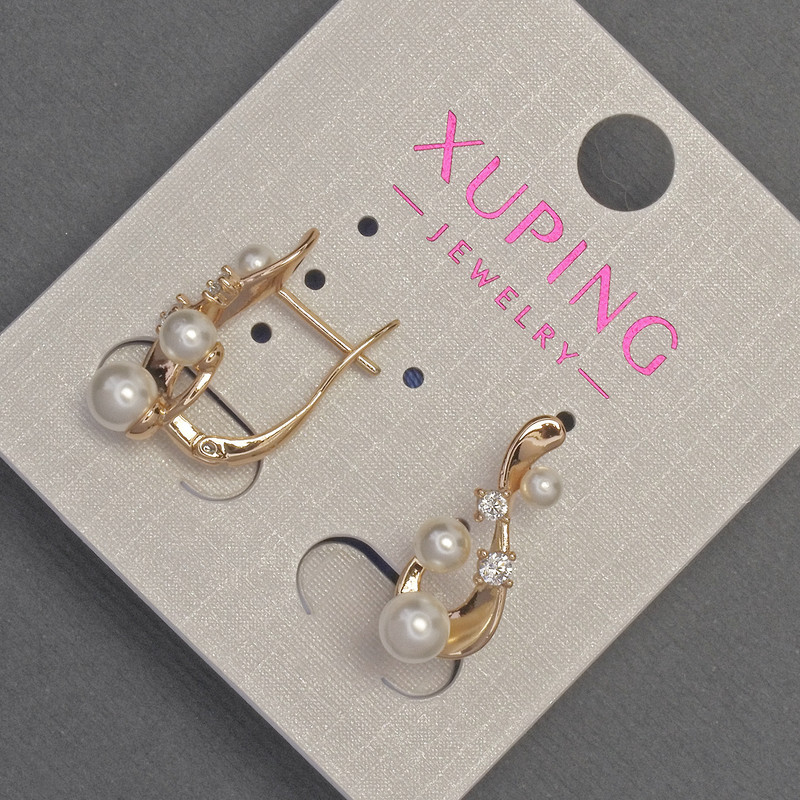 Xuping Earrings with White Crystals and Mallorca Beads, diameter 5-4-3 mm, length 20 mm, 18K Gold Plating
