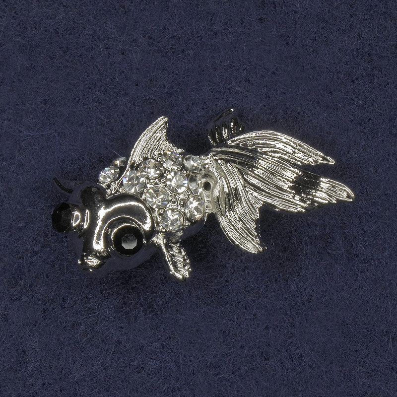 Brooch 'Fish' with Crystals, Silver Metal, 18x29mm+