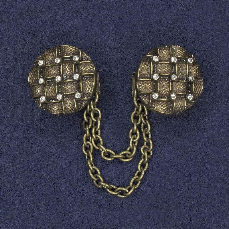 Bronze cardigan brooch with white rhinestones, metal, diameter 20 mm ±, chain length 9 cm ±