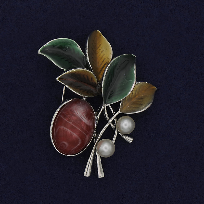 Sprig Brooch with Cabochon and Pearls, Colored Enamel, Silvery Metal 48x40mm+
