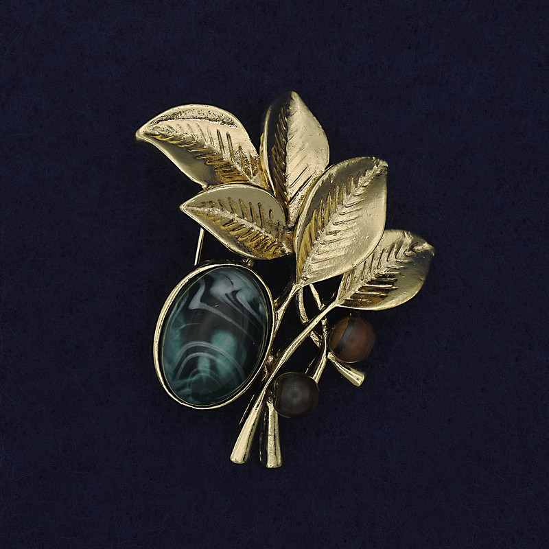 Twig Brooch with Cabochon and Seed Bead in Golden Metal 48x40mm+