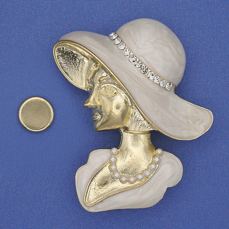 Magnetic Brooch 'Girl in a Hat' with White Crystals, White Enamel, Gold-Tone Metal 53x45mm+