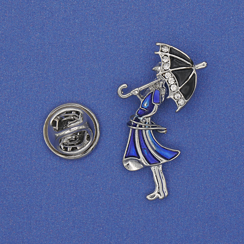 Brooch: Girl with Umbrella blue enamel white crystals gold-tone metal 32×16 mm+