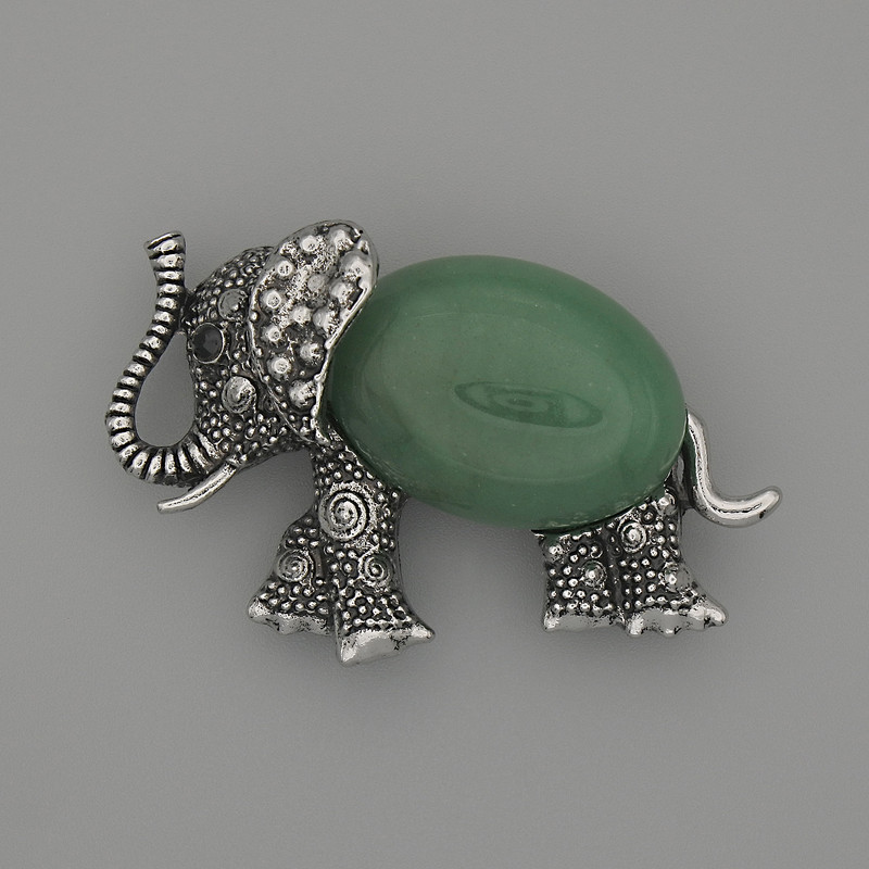 Elephant Jade Brooch Pendant, 45x27mm ± Black Crystals, Silvery Metal