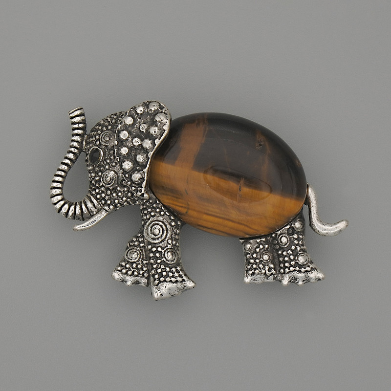 Brooch-Pendant Elephant with Tiger's Eye 45×27 mm ± Silvery Metal with Black Rhinestones