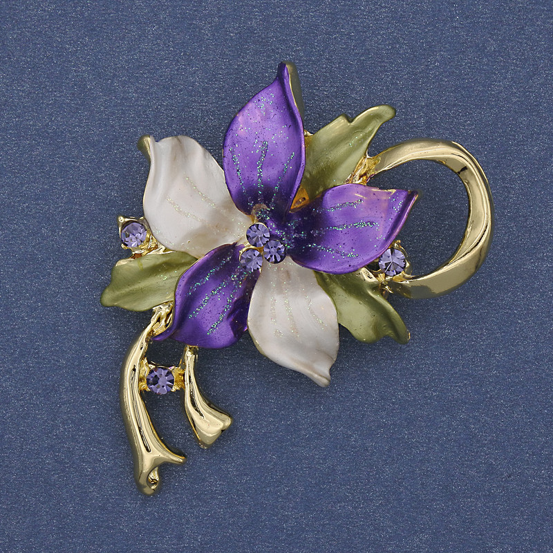 Flower Brooch-Pendant with Enamel and Crystals, Gold-Tone Metal, 50x42mm+