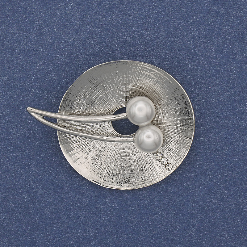 Accent Brooch with Pearls and Rhinestones, Silver-Tone Metal 32x40mm+