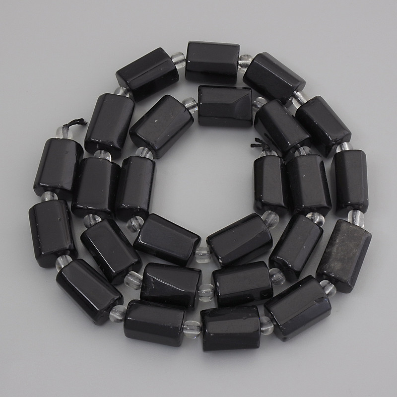 Tourmaline beads, polished gemstone, diameter 13-14×9-10 mm, with 4 mm seed beads, on thread, length 44 cm