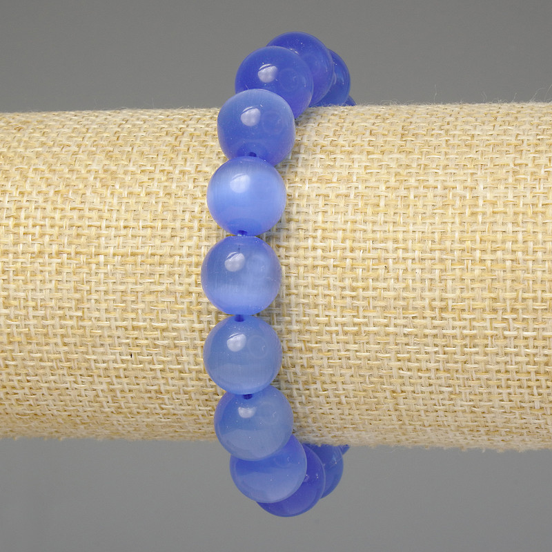 Blue Cat's Eye Bracelet with Smooth Beads 12mm, 18cm Length, Stretch