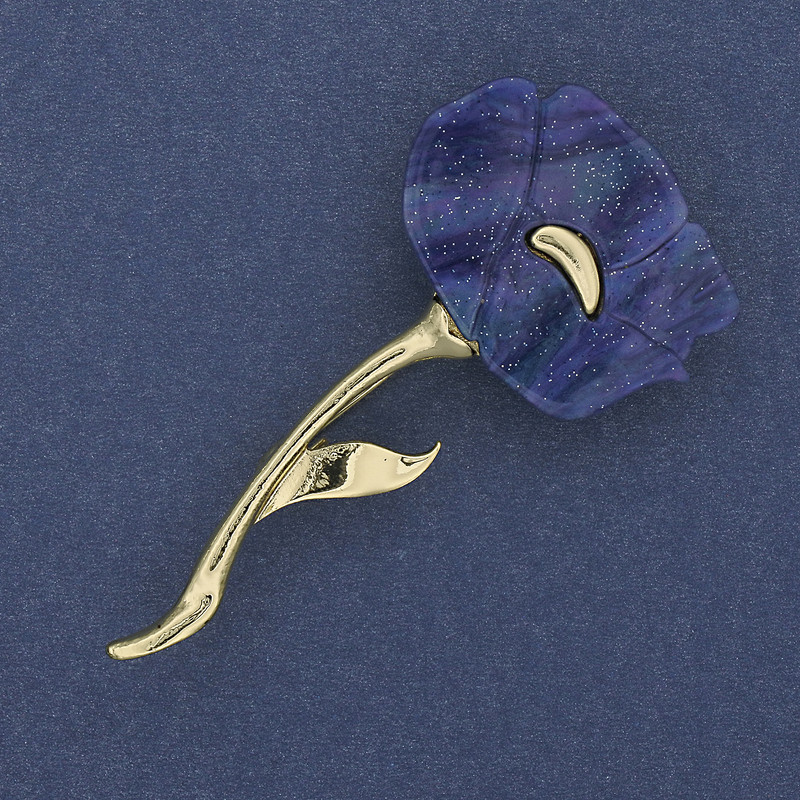 Blue Mother-of-Pearl Poppy Brooch, 63x32 mm, gold-toned metal