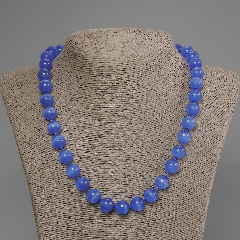 Blue Cat's Eye Necklace with smooth beads, 11 mm diameter, 50 cm length +/- with clasp