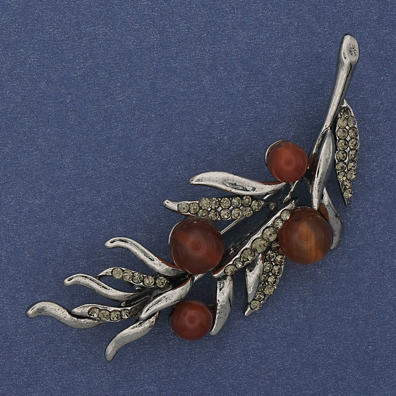 Brooch Sprig of Carnelian with Gray Rhinestones, 67×26 mm, Silvery Metal