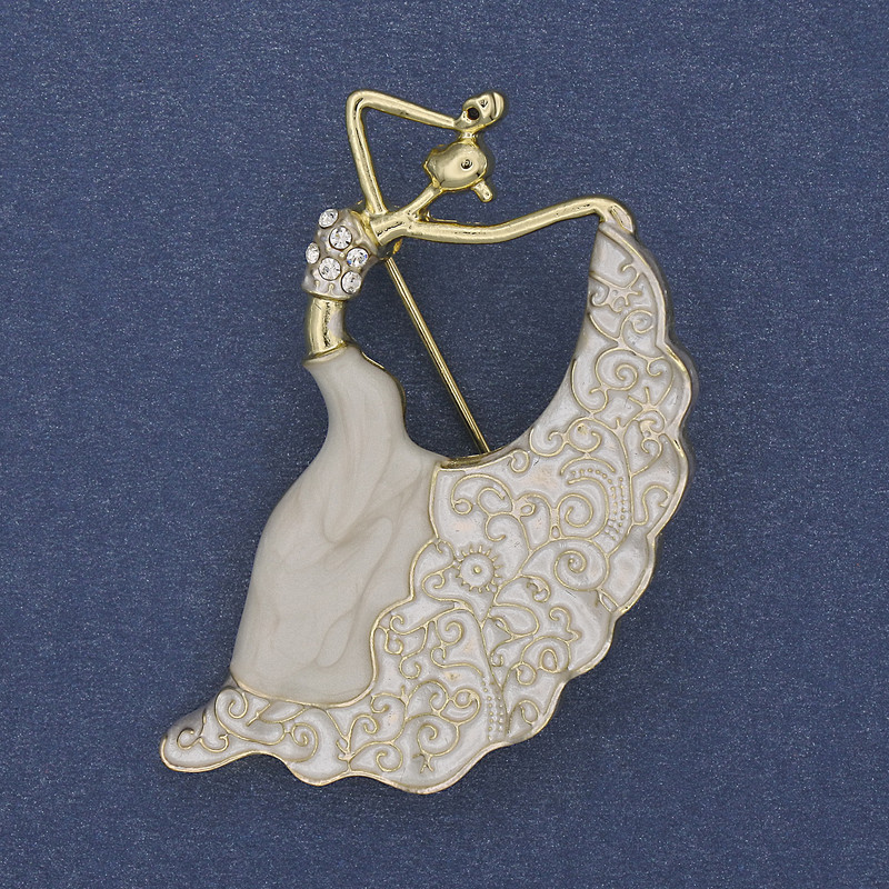 Dancer Brooch, white enamel, crystals, gold-tone metal, 26x46 mm+