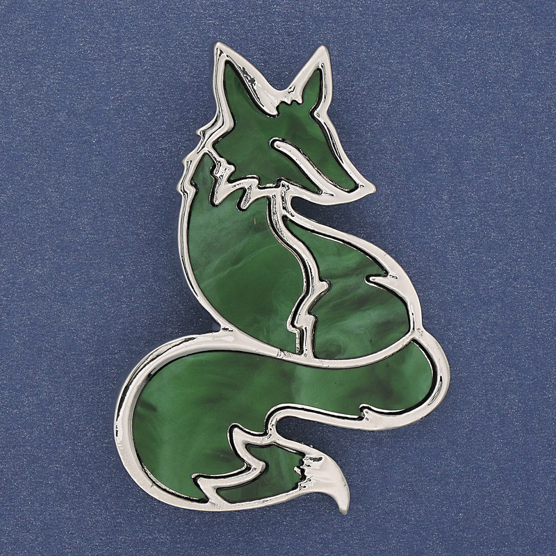 Fox Brooch-Pendant green pearlescent silver-toned metal 56x38mm+