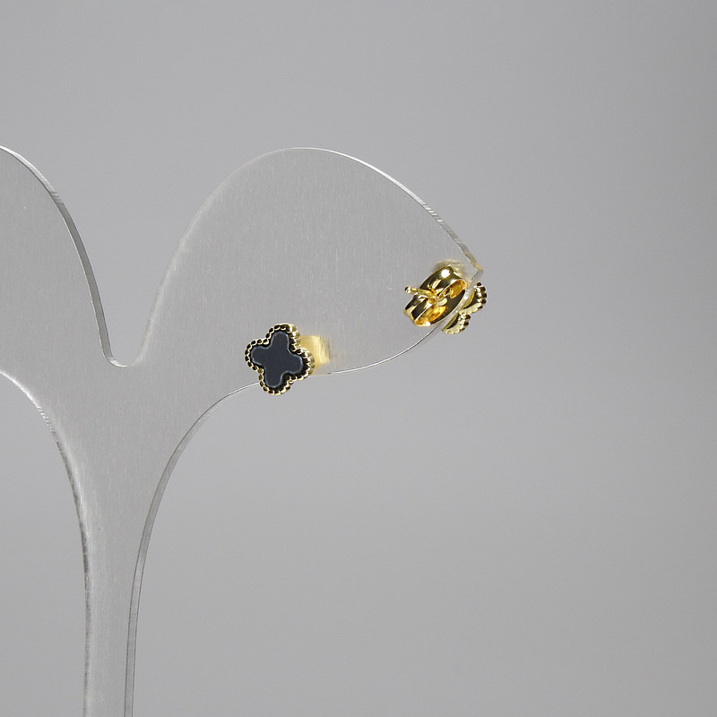 Stud Earrings Shamrock in Black and Gold Metal, 7 mm Diameter