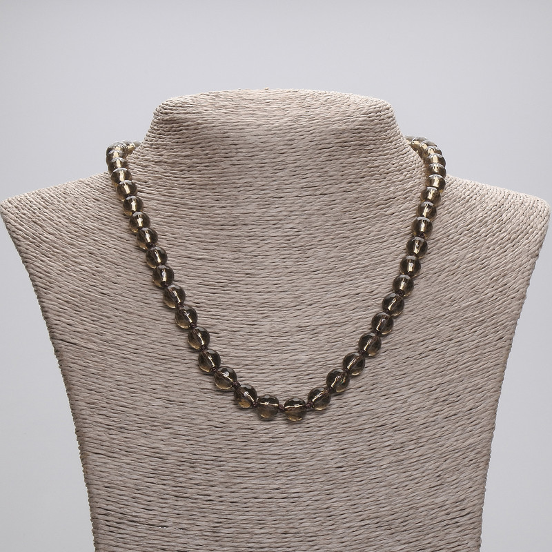 Smoky Quartz Necklace with Faceted Beads, 7.5 mm diameter, 45 cm length, with clasp