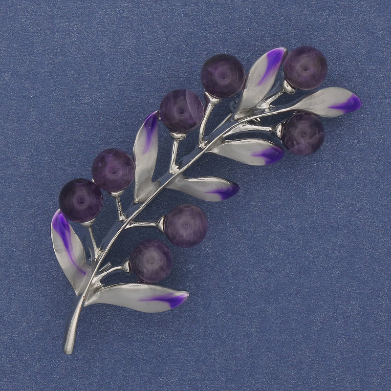 Brooch Twig with Amethyst, White Rhinestones, Silver-Tone Metal, 60×25 mm+