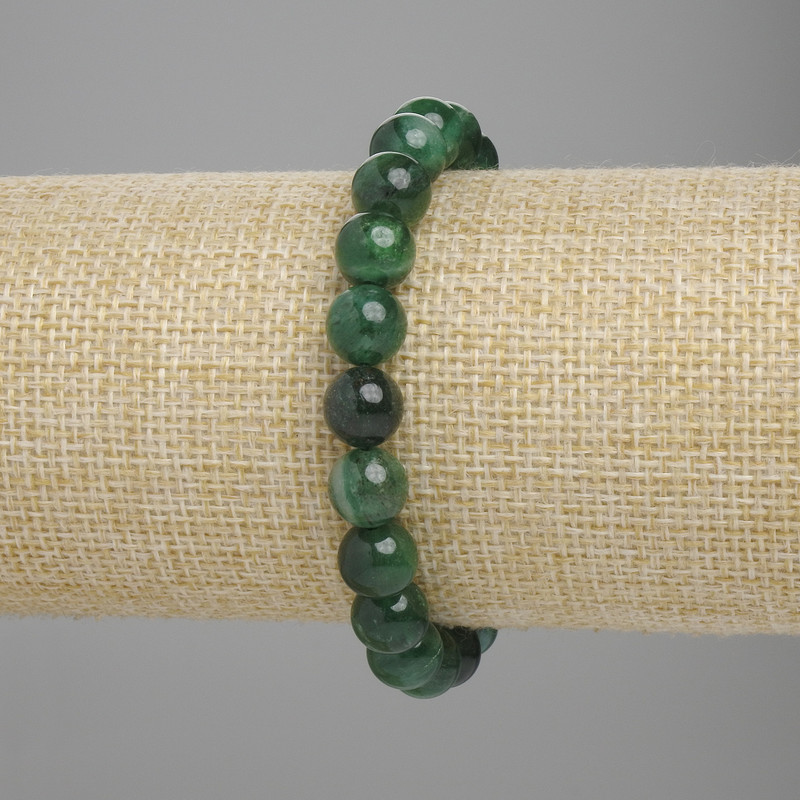 Emerald Bracelet with Smooth Beads, 8 mm Diameter, 18 cm Length, Stretch
